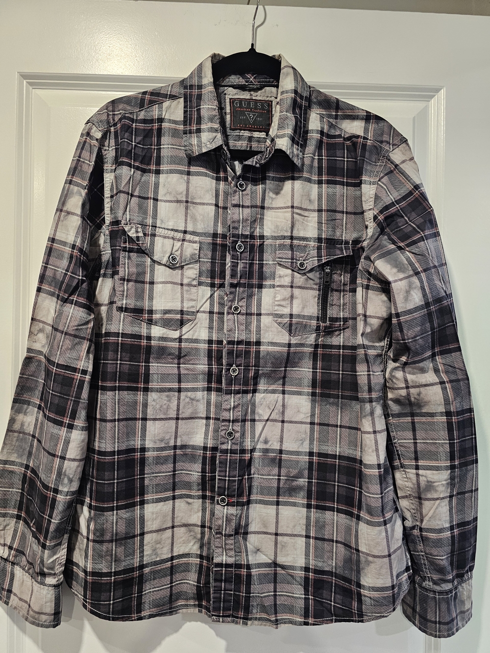 GUESS Men’s Black & White Plaid Button-Up Shirt
